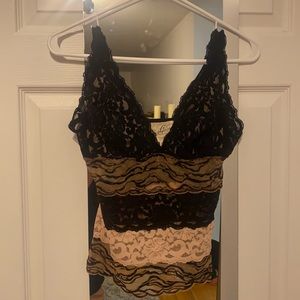 Women’s Black, Tan, Brown Sheer Lace Guess Top - M